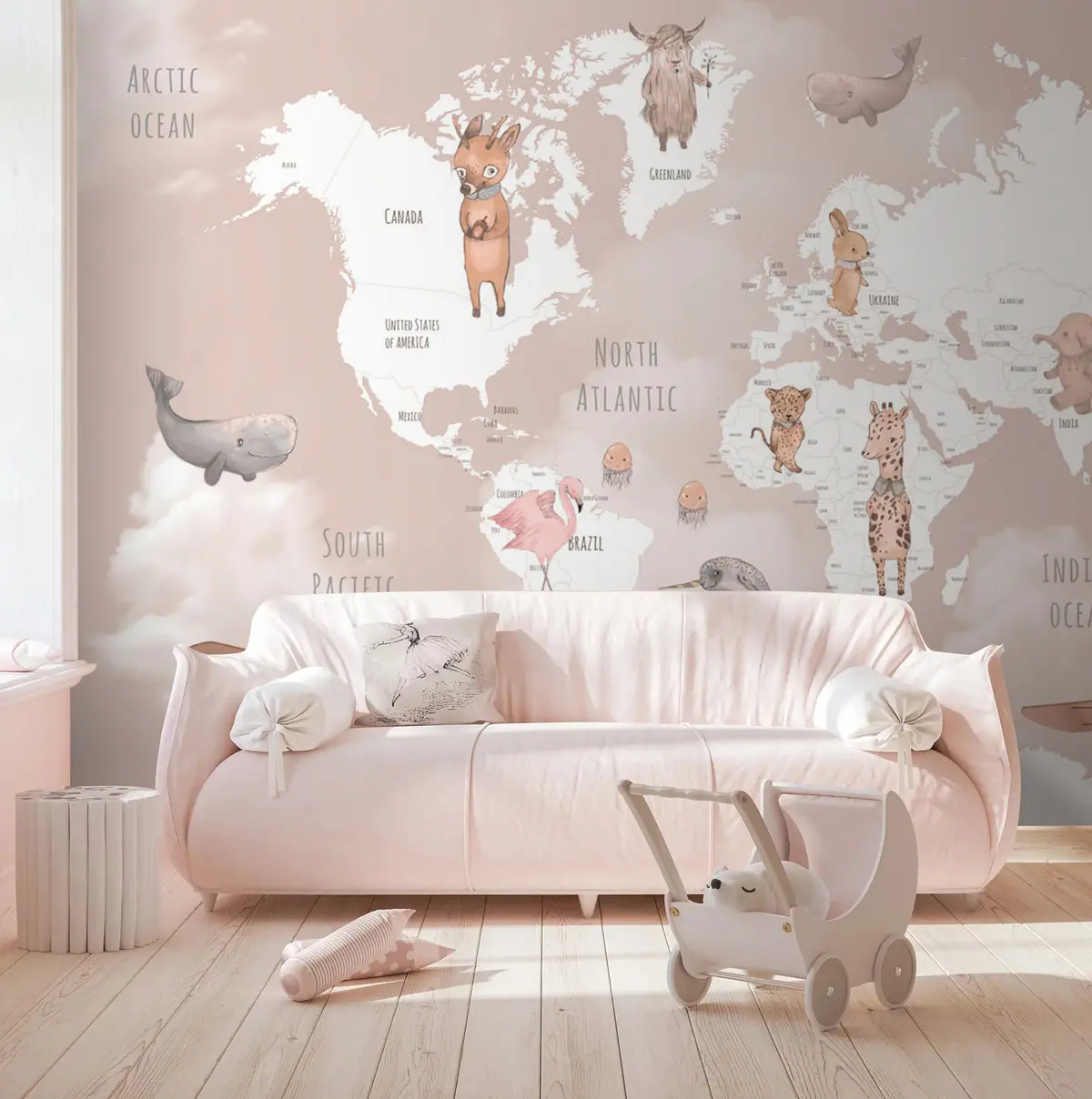 wall murals Children's Map of the World of Pink u74511