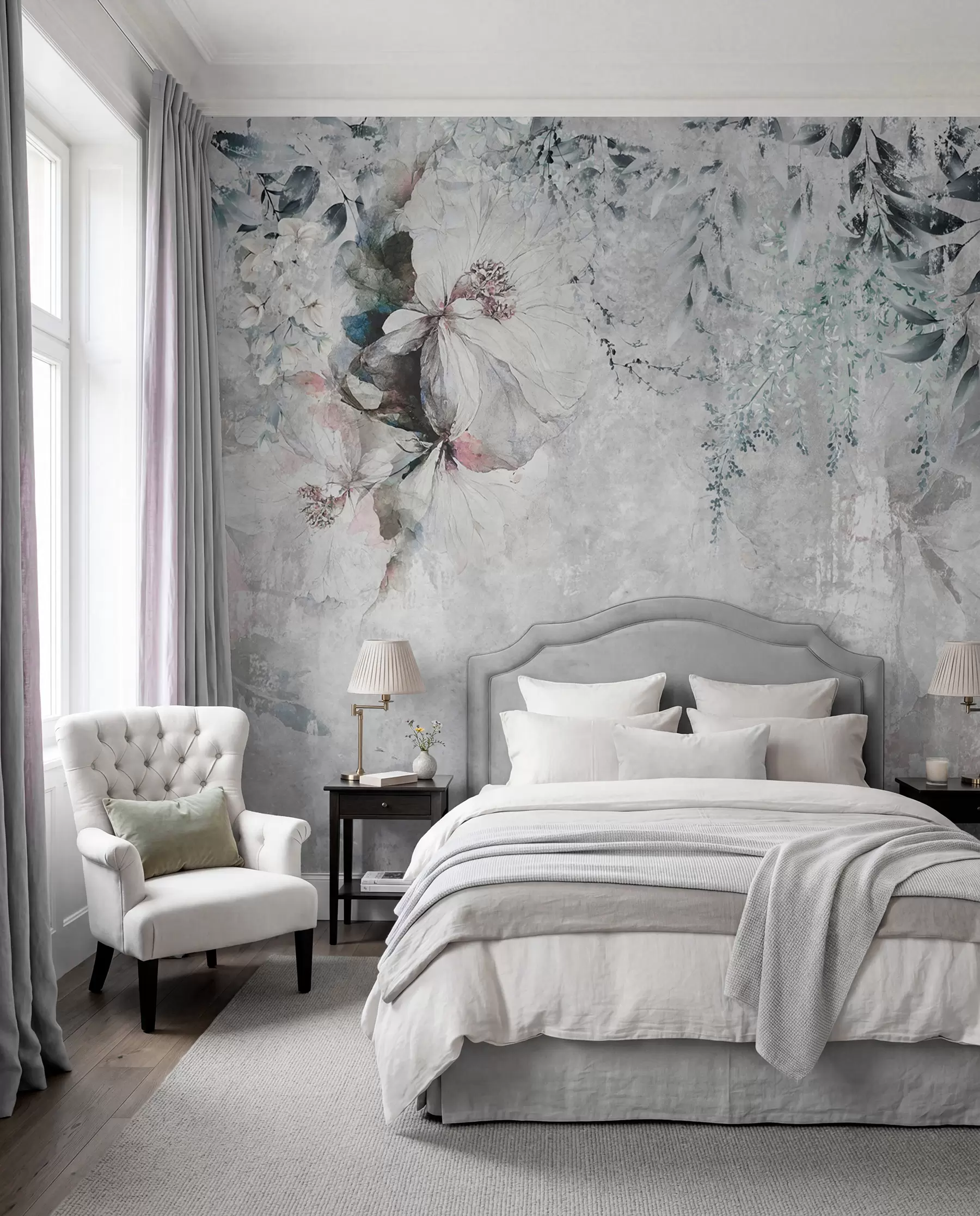 wall murals Стил грунге са гранама и белим пупољцима u74746