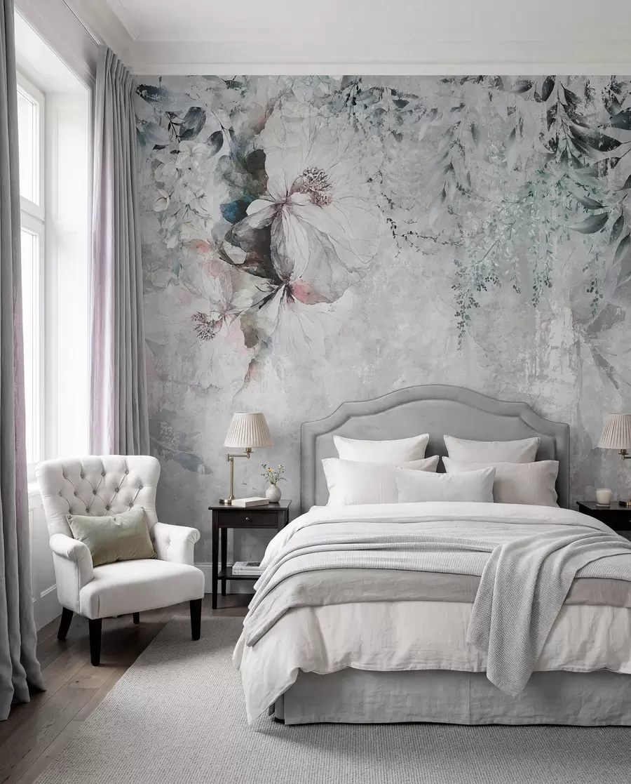 wall murals Стил грунге са гранама и белим пупољцима u74746