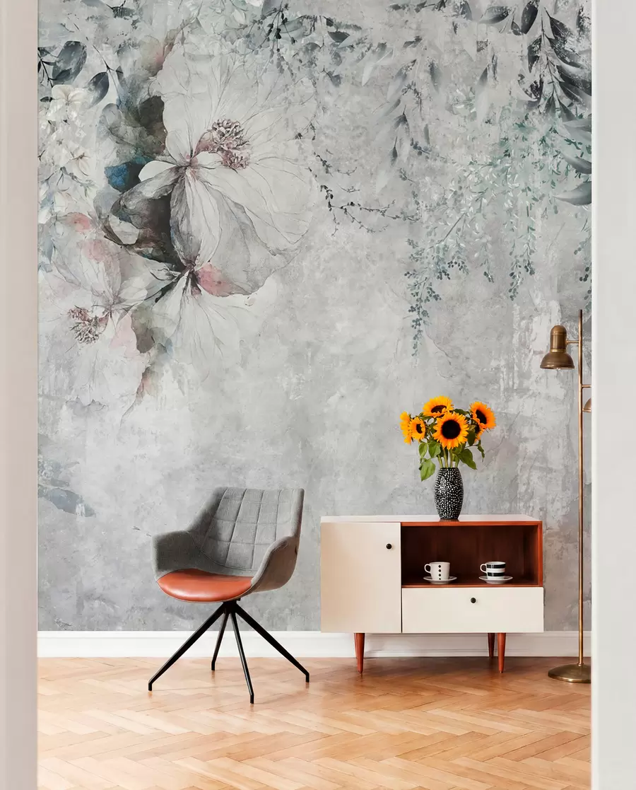 wall murals Стил грунге са гранама и белим пупољцима u74746