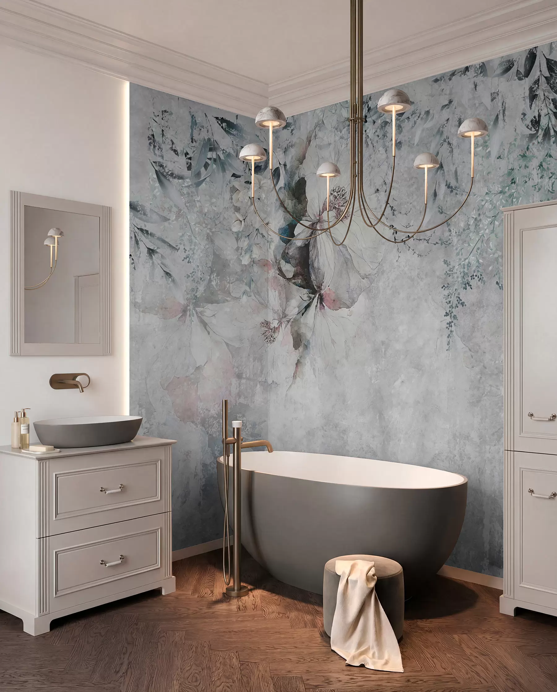 wall murals Стил грунге са гранама и белим пупољцима u74746