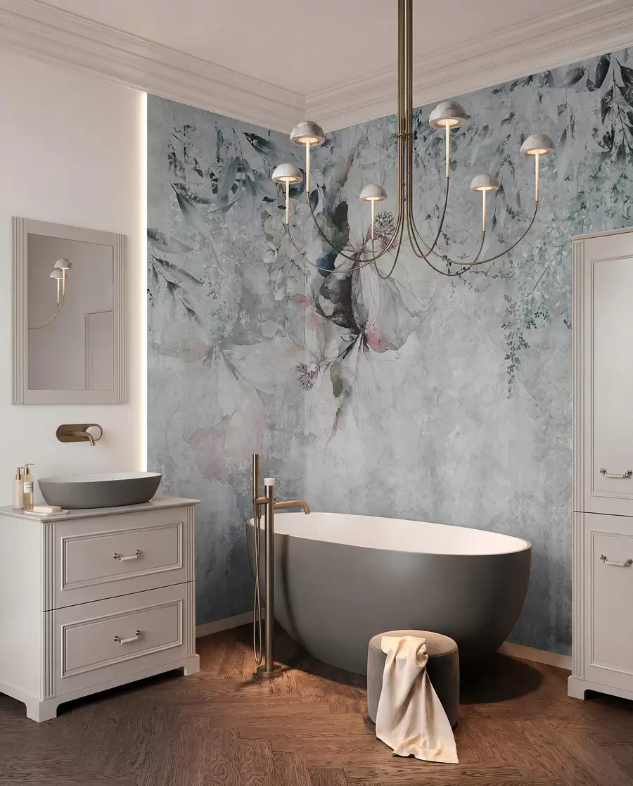 wall murals Стил грунге са гранама и белим пупољцима u74746