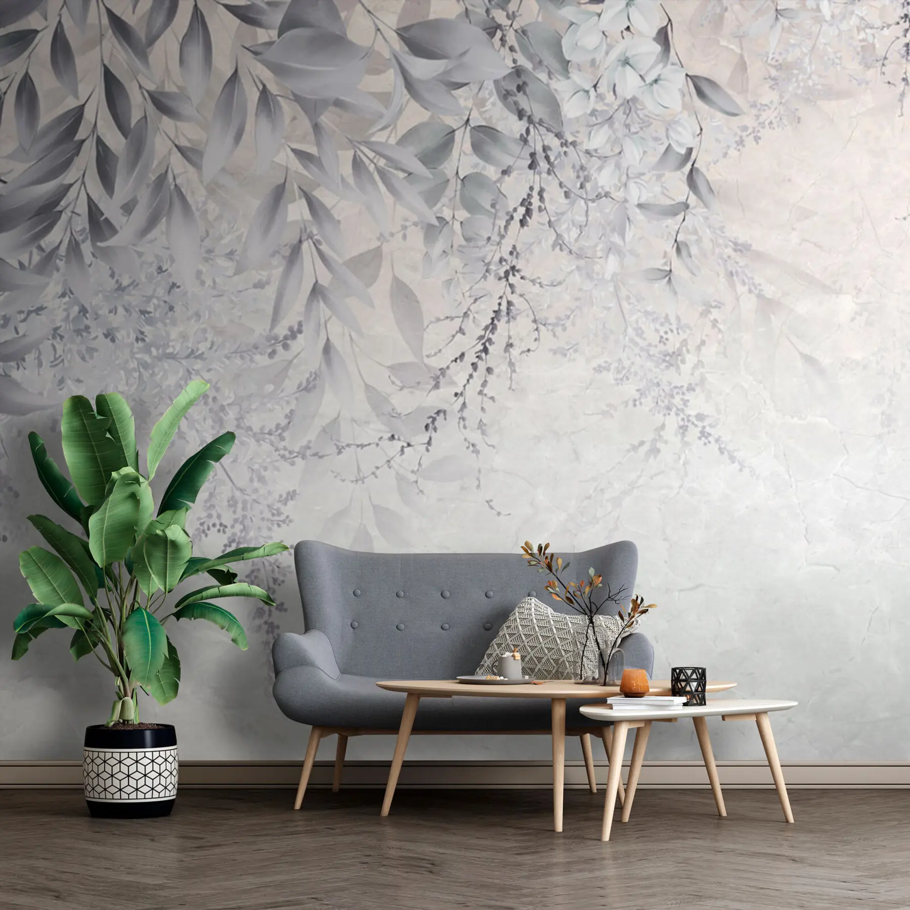 wall murals Сиво лишће са цвећем u94228