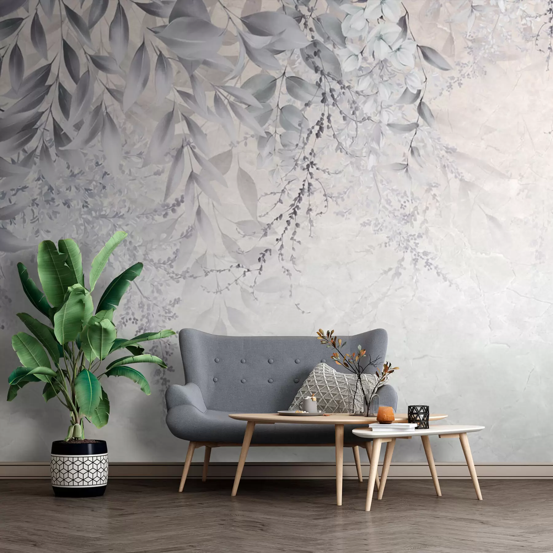 wall murals Сиво лишће са цвећем u94228