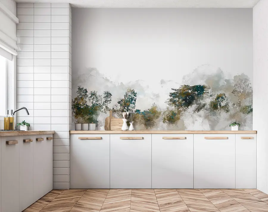 wall murals Акваренски пејзаж са дрвеном плочицом са акварелом u75377