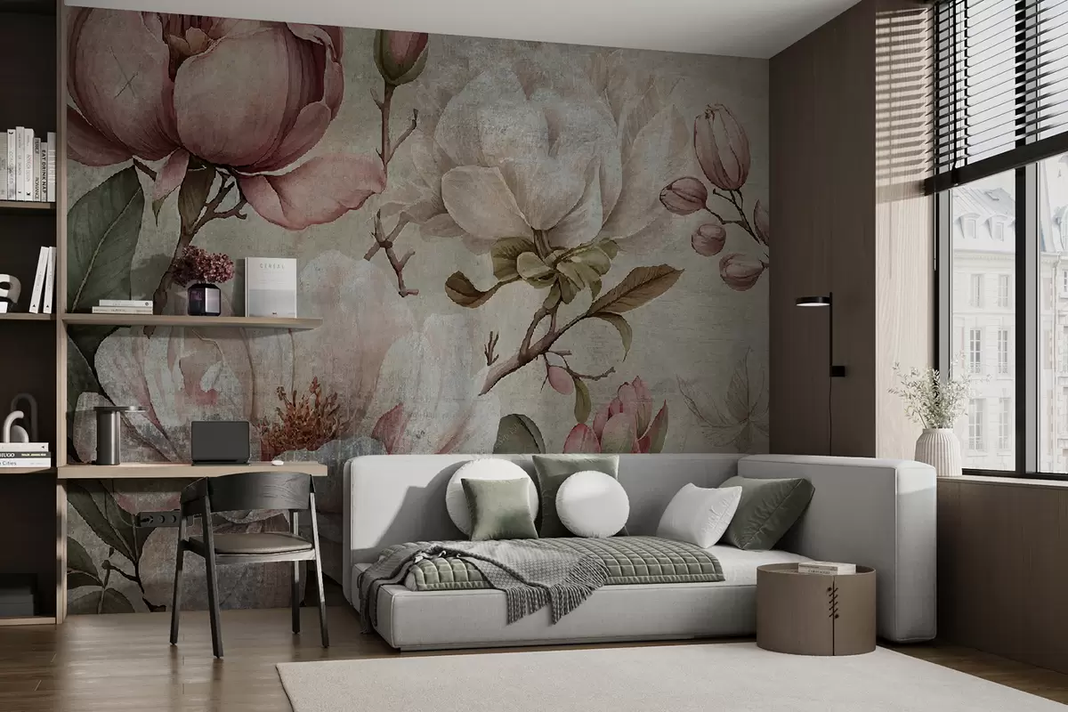 wall murals Акварел цветови божура и зелени листови u75382