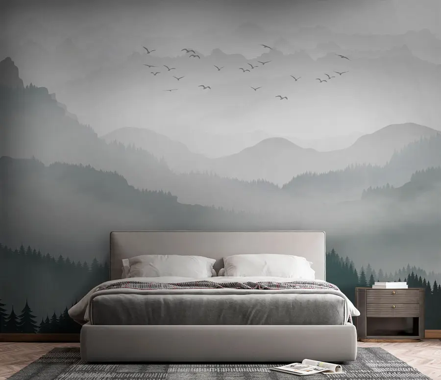 wall murals Планине у магли и паковању птица u94300