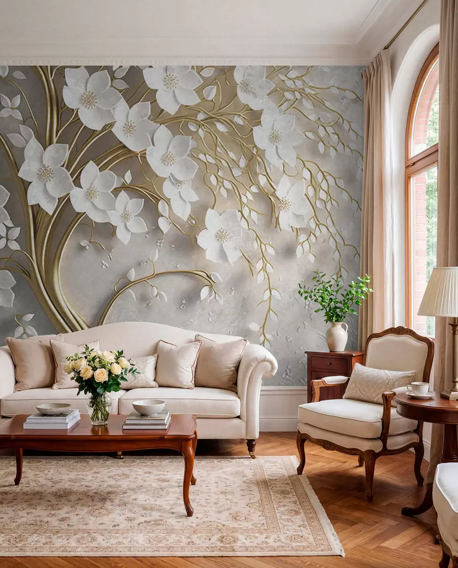 wall murals дрво са белим цвећем u94015