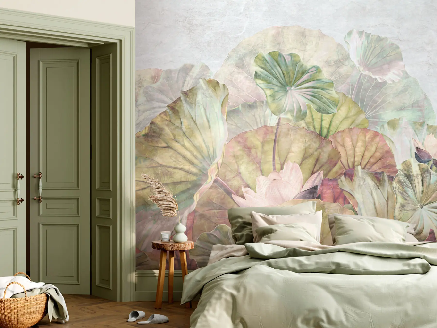 wall murals Зелени водени љиљани и ружичасти љиљани са грунге текстуром u94272