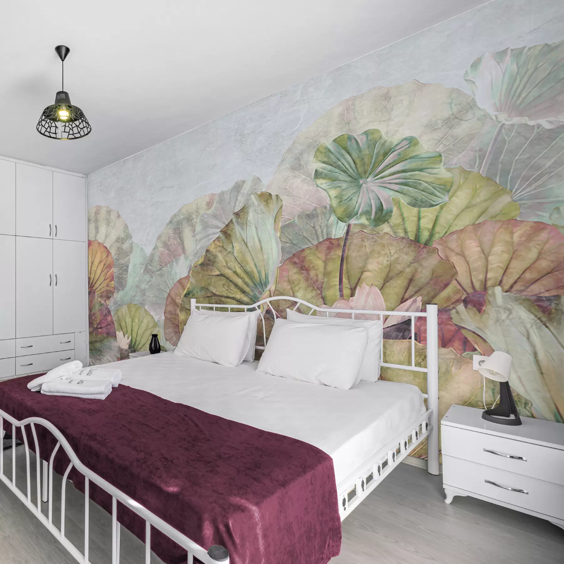 wall murals Зелени водени љиљани и ружичасти љиљани са грунге текстуром u94272