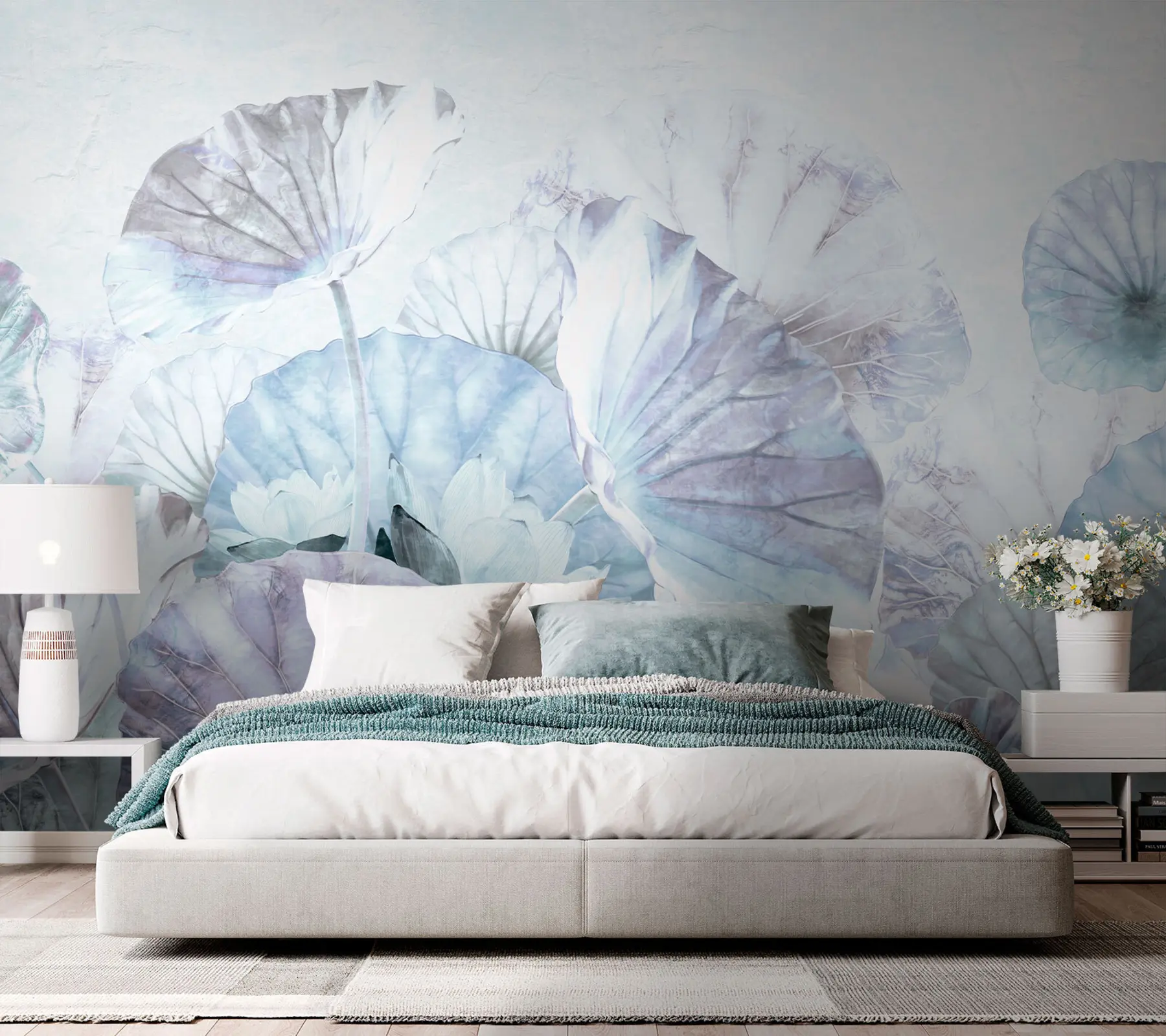 wall murals Плаве и љубичасте водене лилије - водене лилије са текстуром грунге u94274