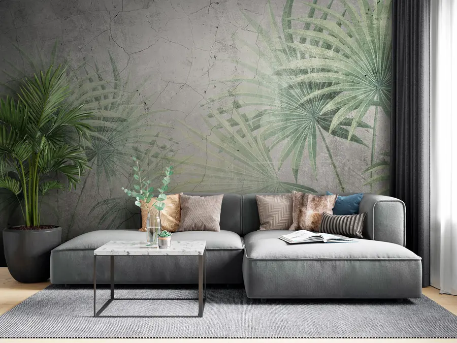 wall murals Зелено палмино лишће са грунге текстуром u94284