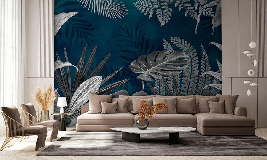 wall murals Тропски листови на плавој позадини у стилу Грунге u94419