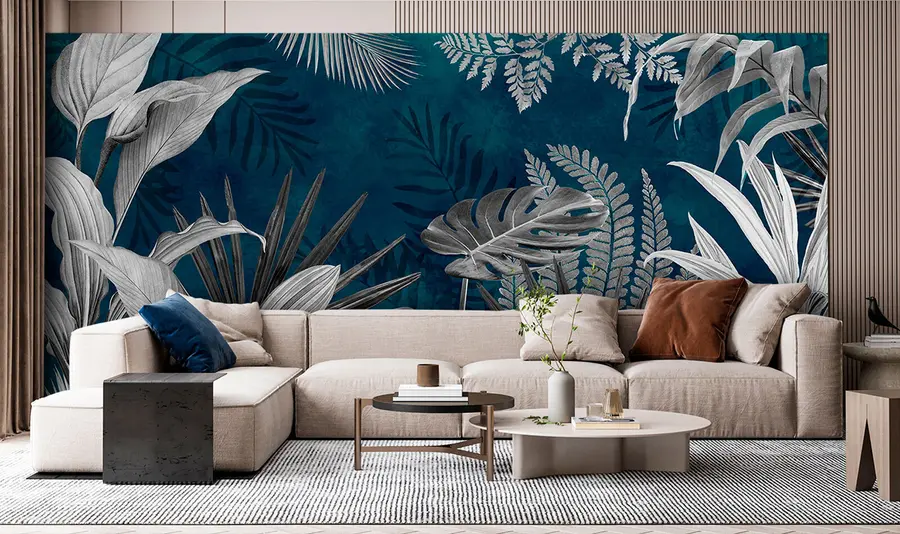 wall murals Тропски листови на плавој позадини у стилу Грунге u94419