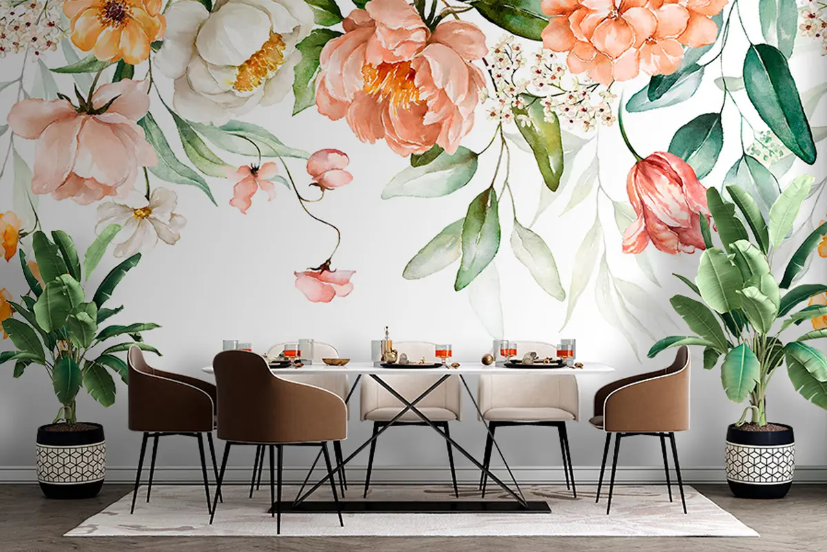 wall murals Граница букета - зелено лишће и румено розе цвеће на белој позадини u94427