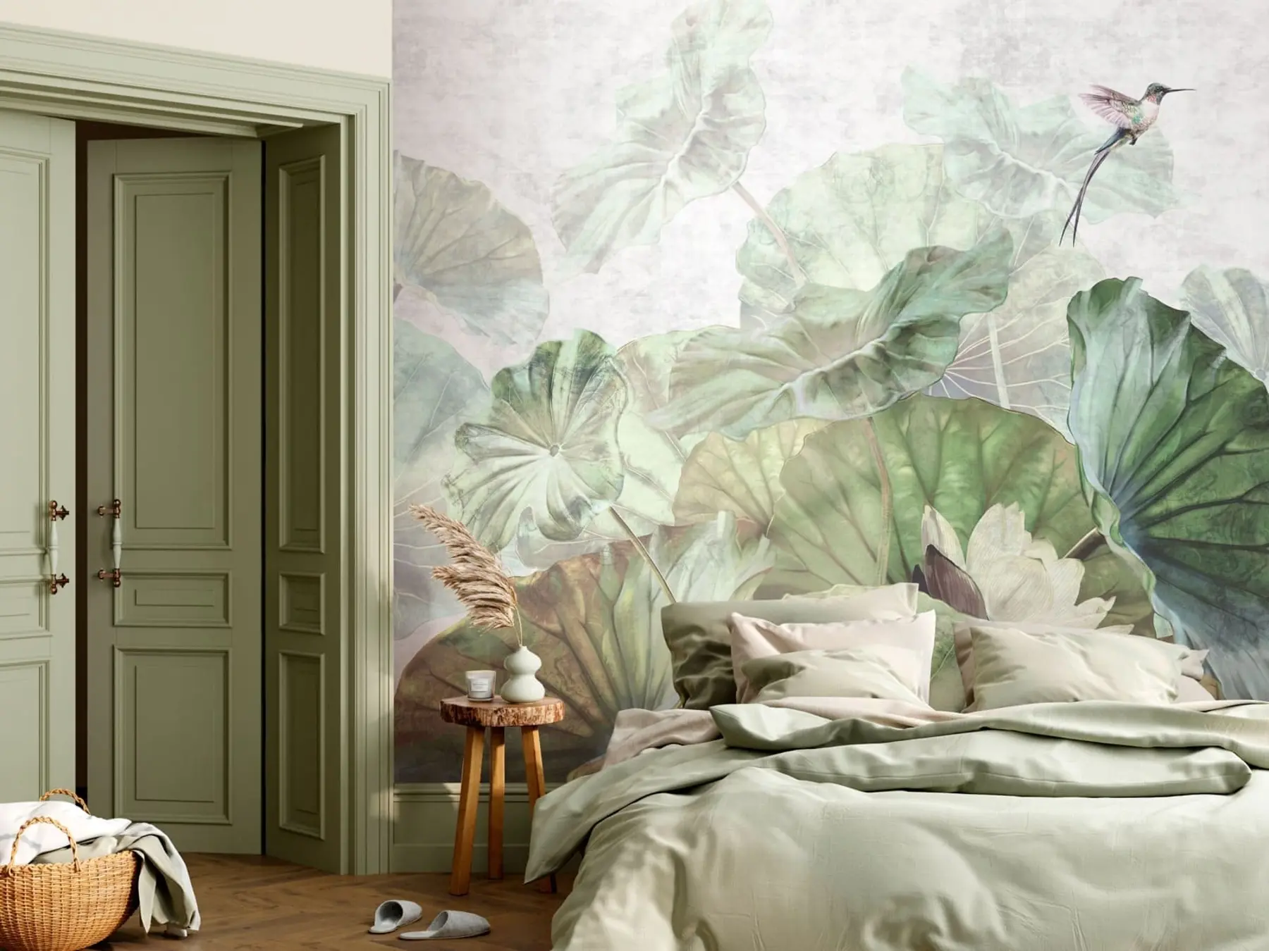 wall murals Велика водена лилиес водене лилиес и ружичасти фламинго u94273