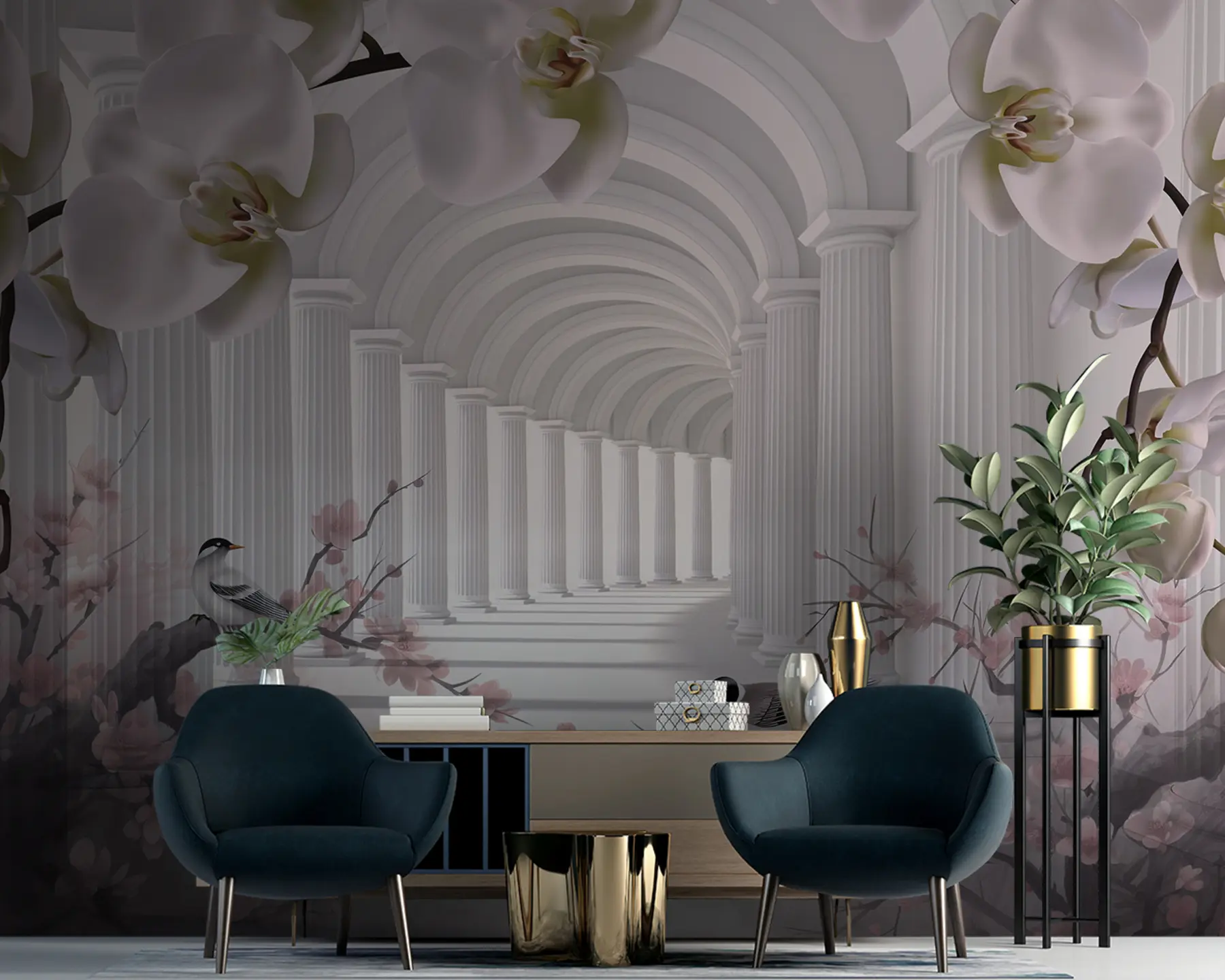wall murals Предиван тунел са птицама и орхидејима u94513