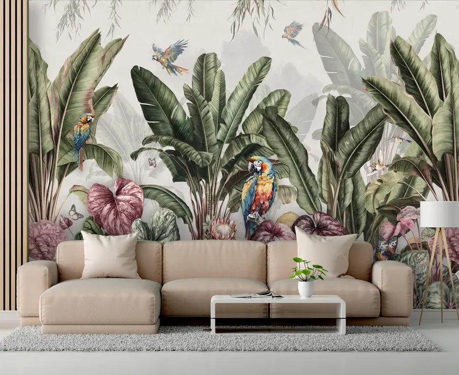 wall murals Тропске палме банане у пејзажу са арама и лептирима у винтаге стилу u95371