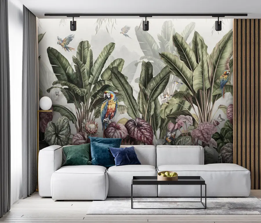 wall murals Тропске палме банане у пејзажу са арама и лептирима у винтаге стилу u95371