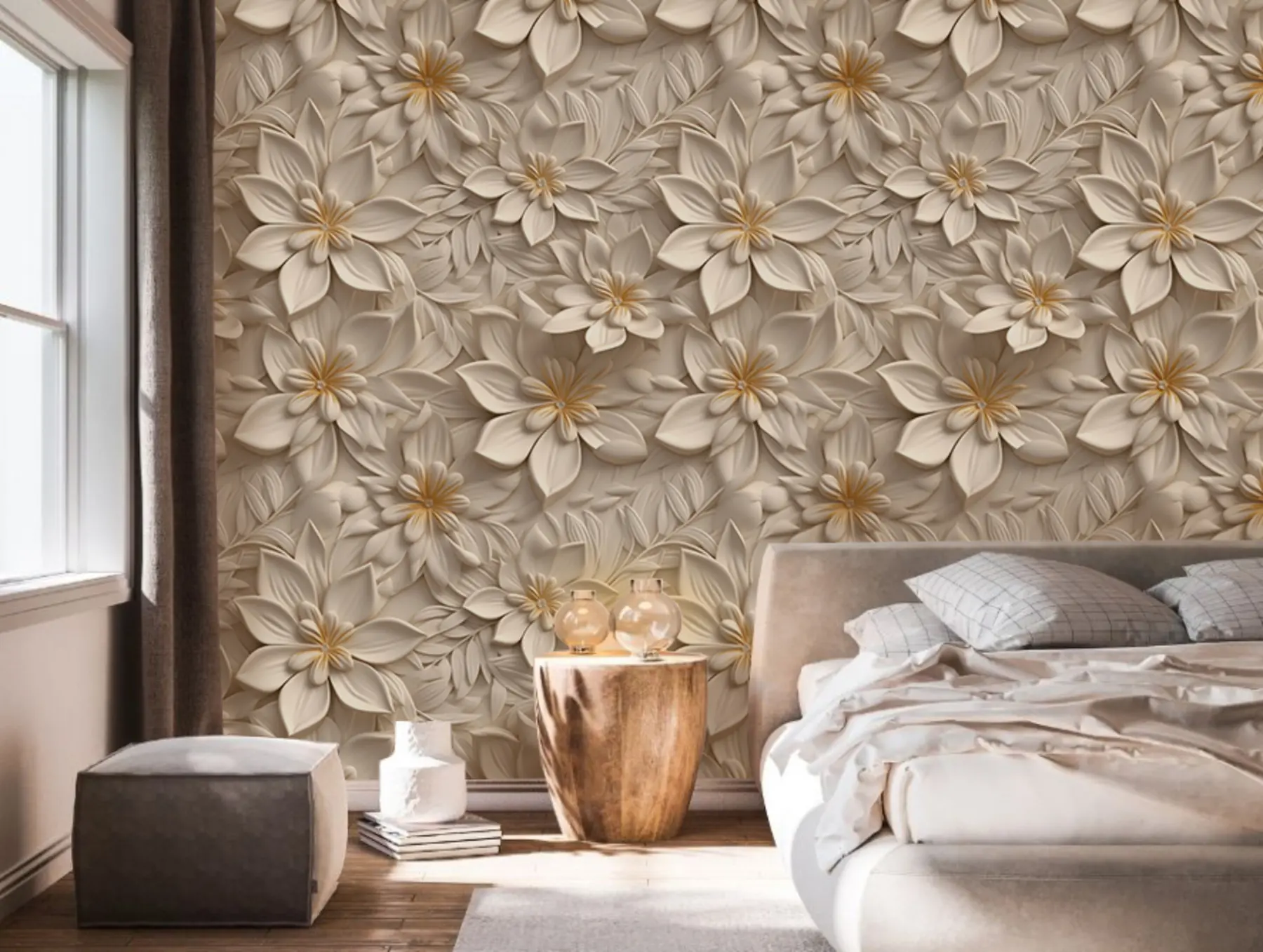wall murals Расипање белог цвећа са 3Д ефектом u95251