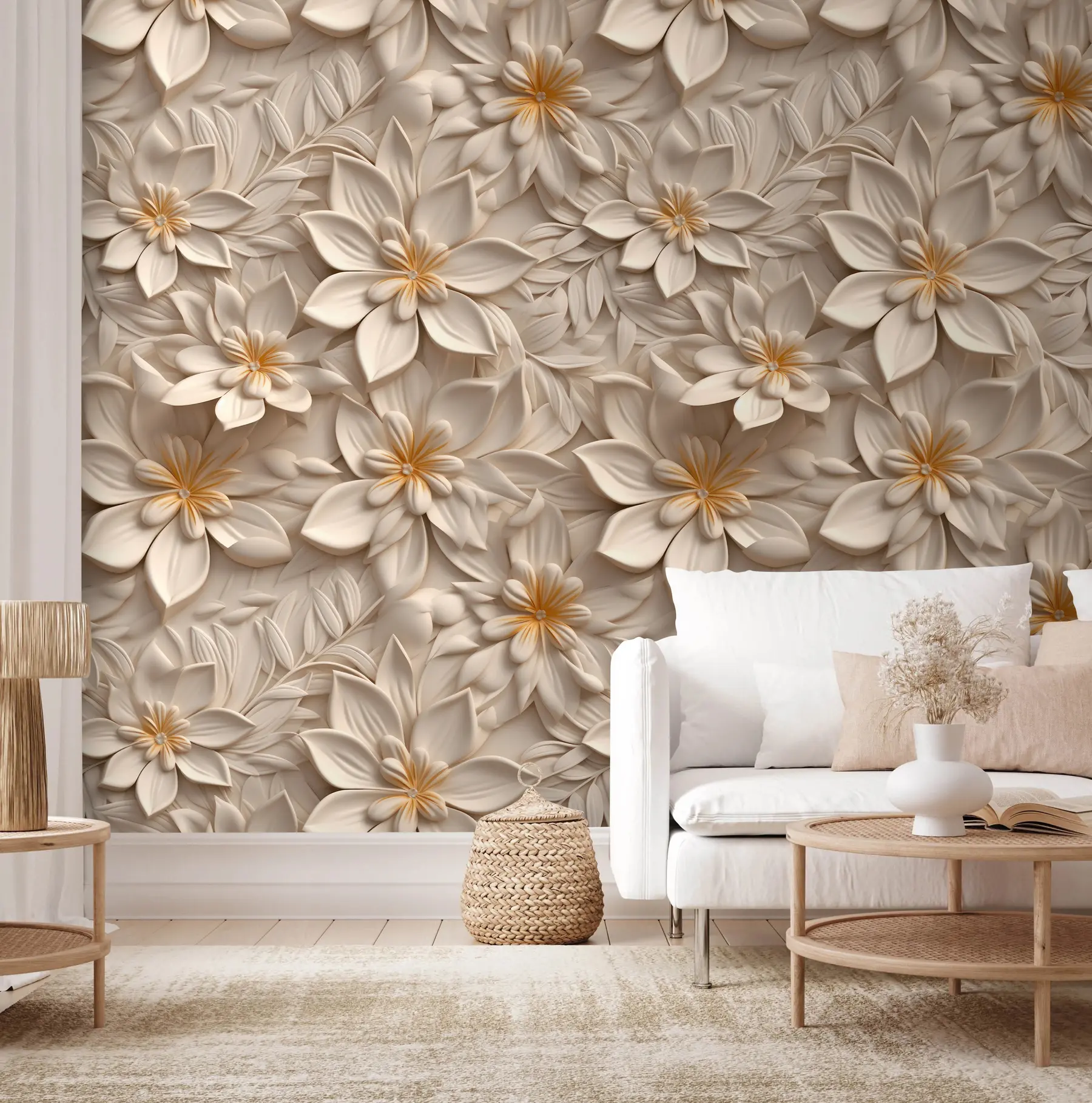 wall murals Расипање белог цвећа са 3Д ефектом u95251