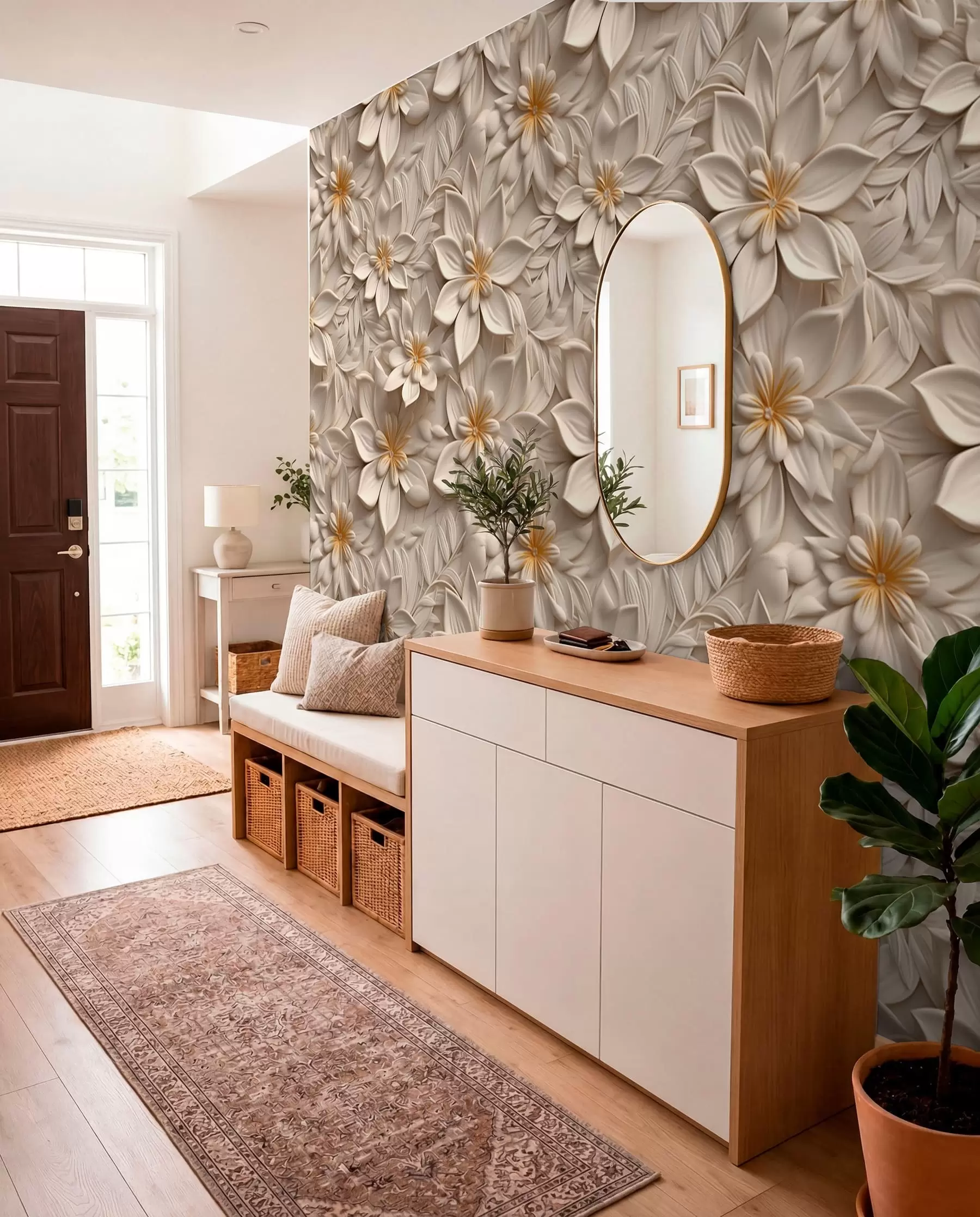wall murals Расипање белог цвећа са 3Д ефектом u95251