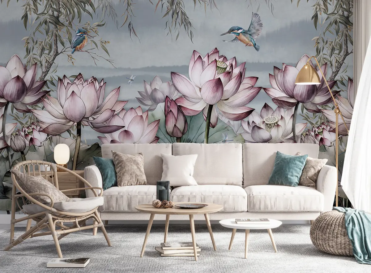 wall murals Landscape lotus flower with kingfisher u95397