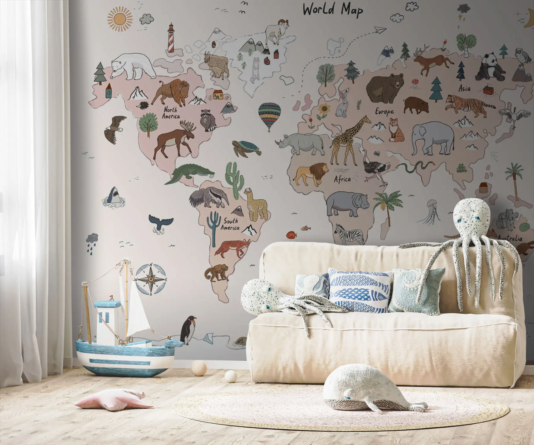 wall murals Дечја мапа света са животињама u95028