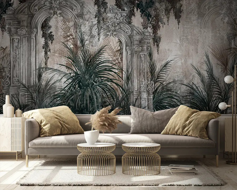 wall murals Древна архитектура са тропским листовима u95500