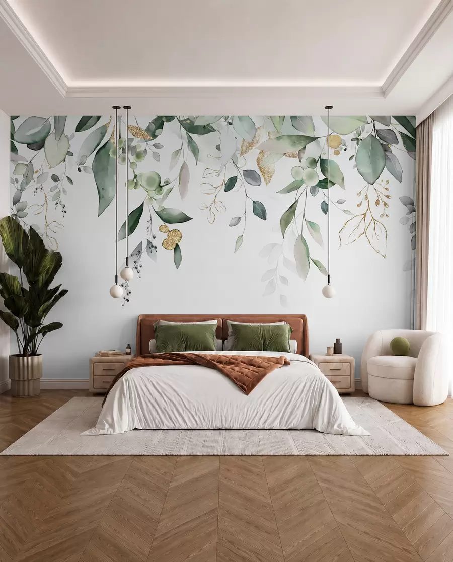 wall murals Висећи еукалиптус лишће на белој позадини u95506