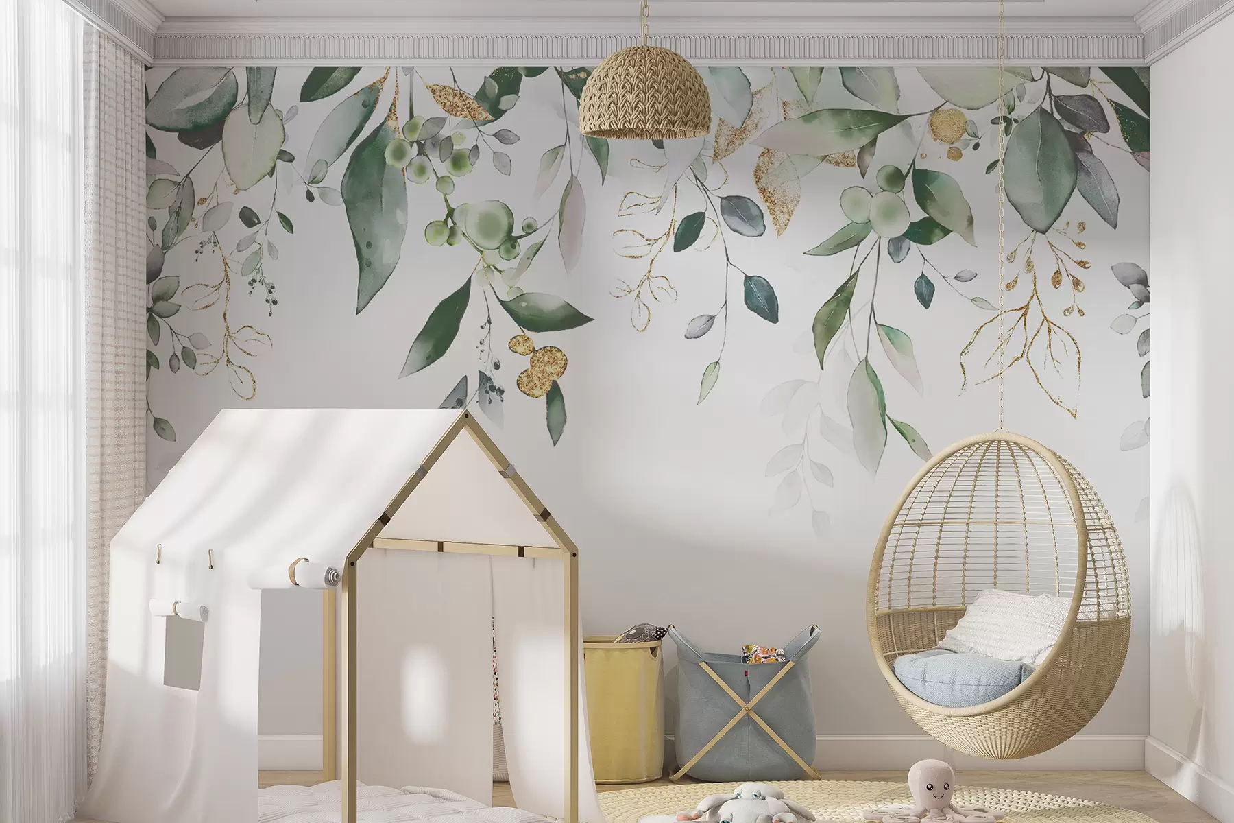 wall murals Висећи еукалиптус лишће на белој позадини u95506