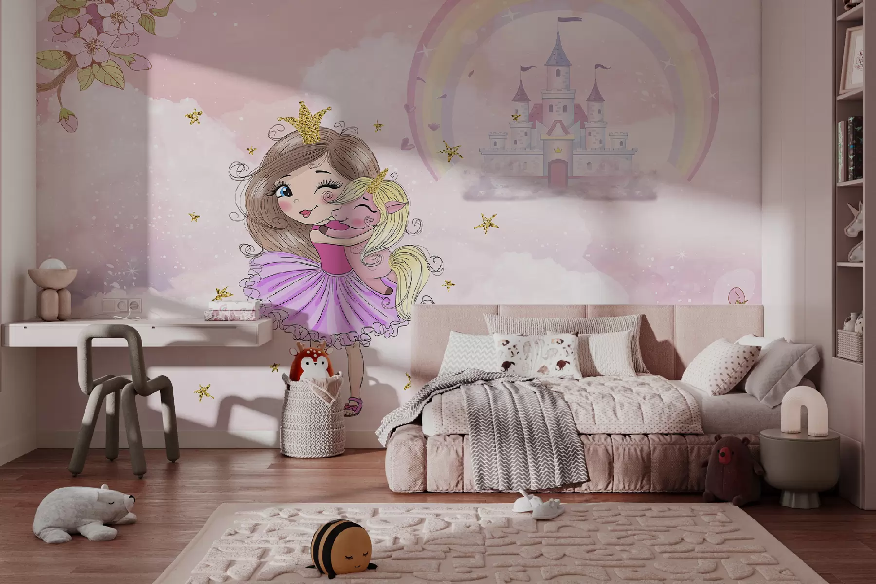 wall murals Принцеза и једнорог на позадини дворца са дугом u95401