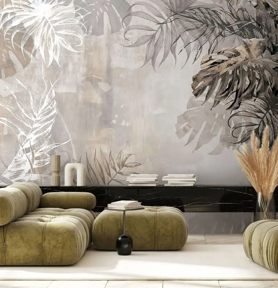 wall murals Дизајнирајте тропско лишће са грунге текстуром u94647