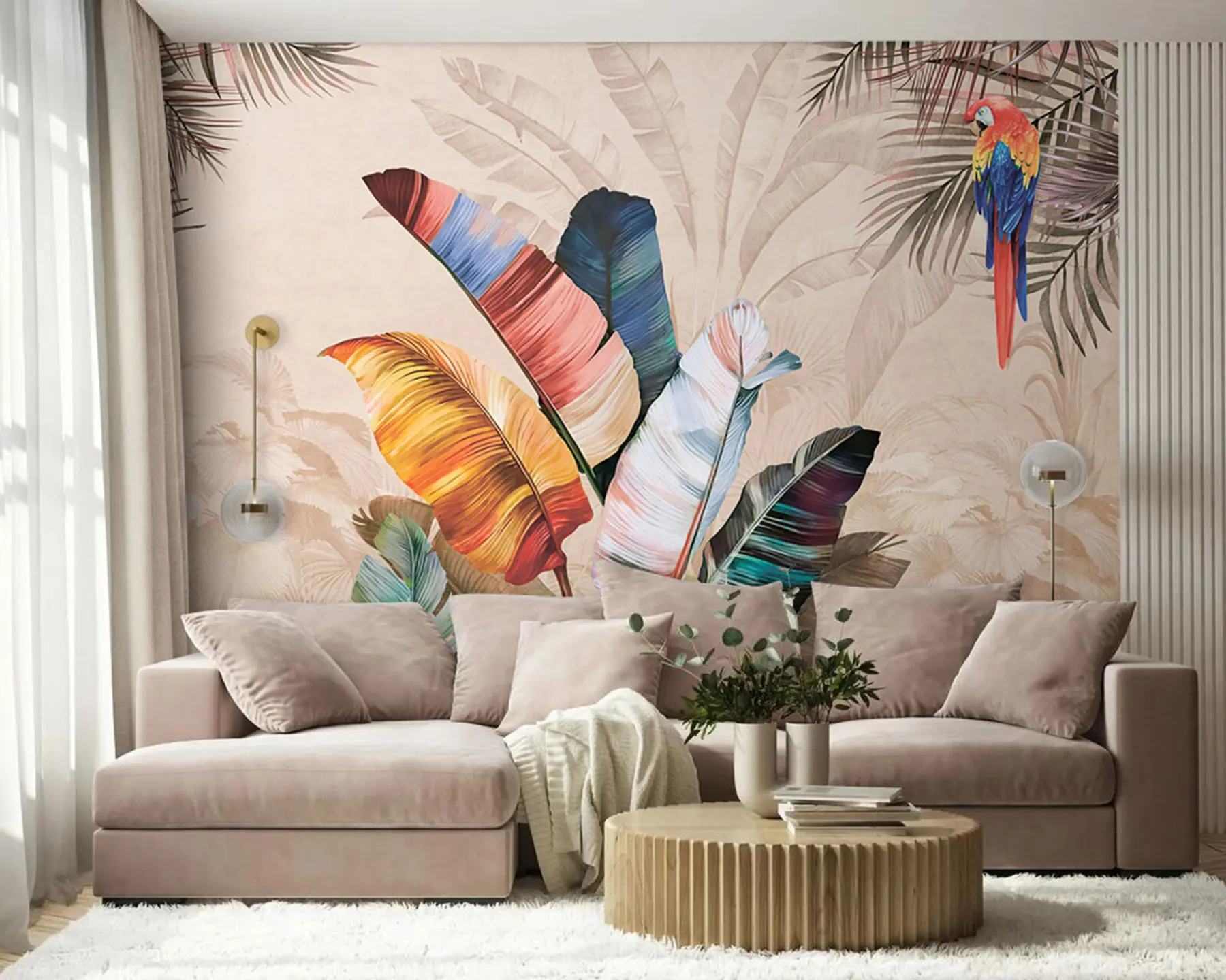 wall murals Шарено палмисто лишће са тропском парротом птицом u95050