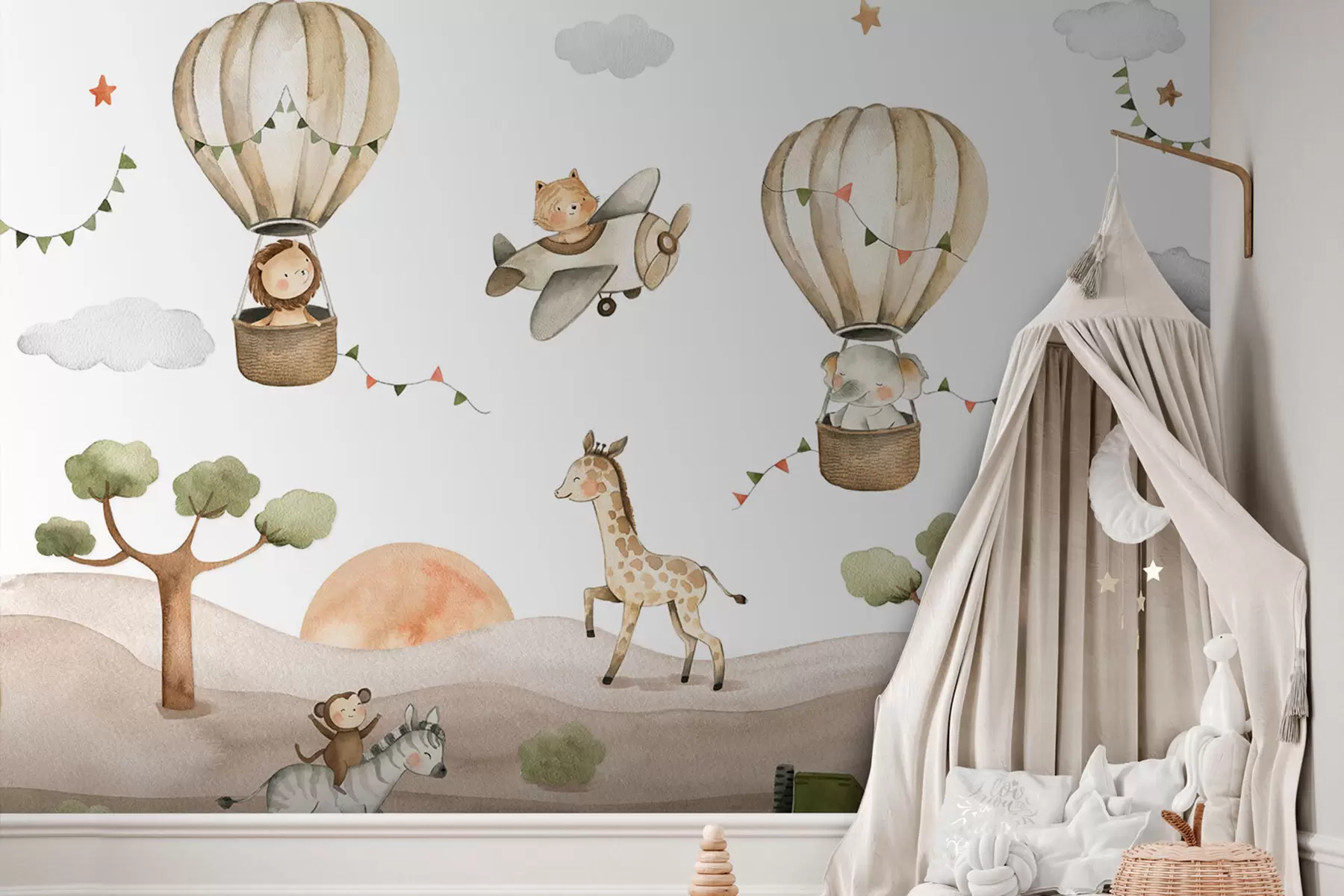 wall murals Водене боје цртежа са животињама, балонима, равнином и аутомобилом u95882