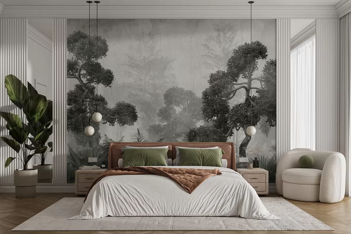 wall murals Тропска стабла и лишће у магловитој шуми u95901