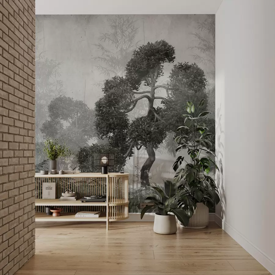 wall murals Тропска стабла и лишће у магловитој шуми u95901