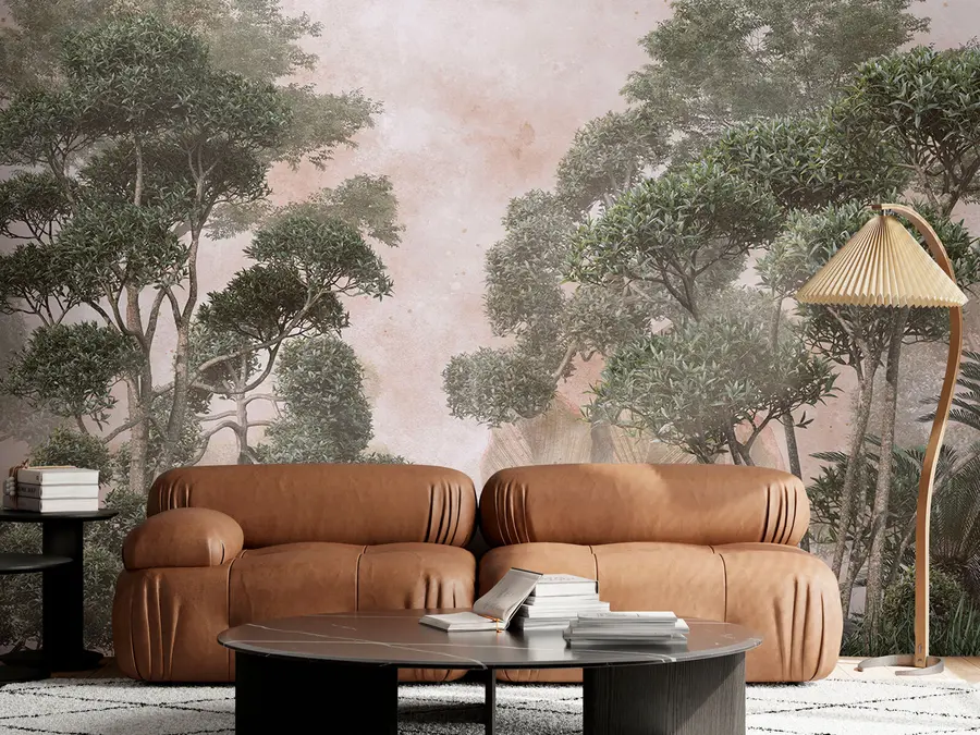 wall murals Тропска стабла у магли шуми са великим лишћем у позадини u95902