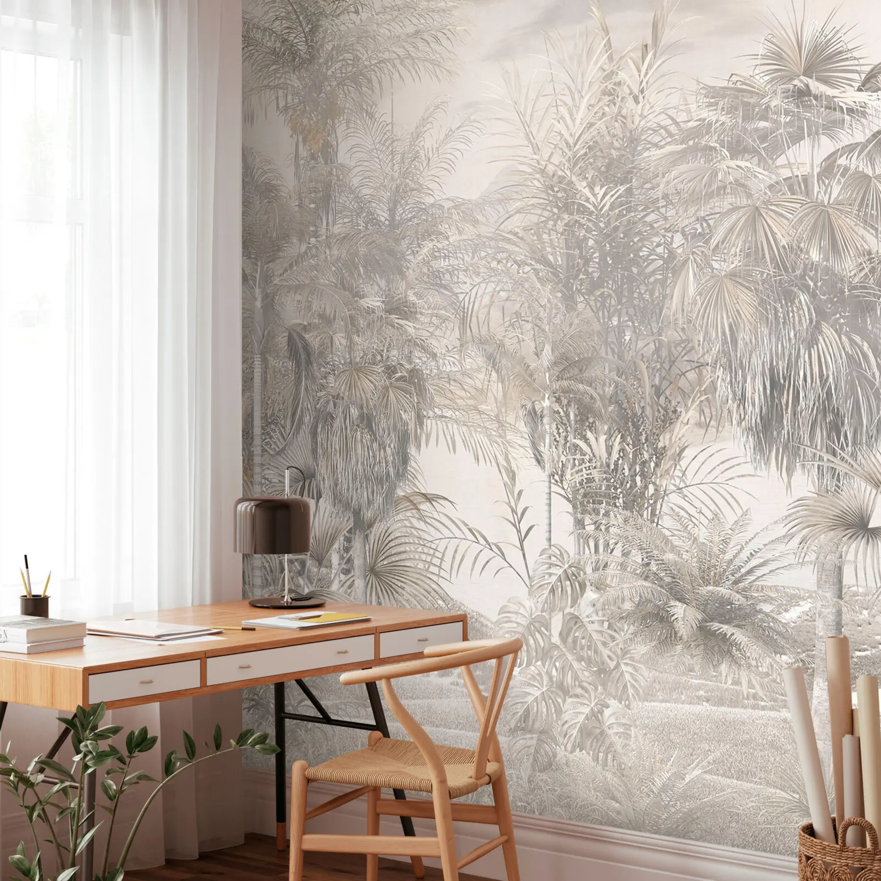 wall murals Тропска стабла и лишће у црно-белој боји u95903