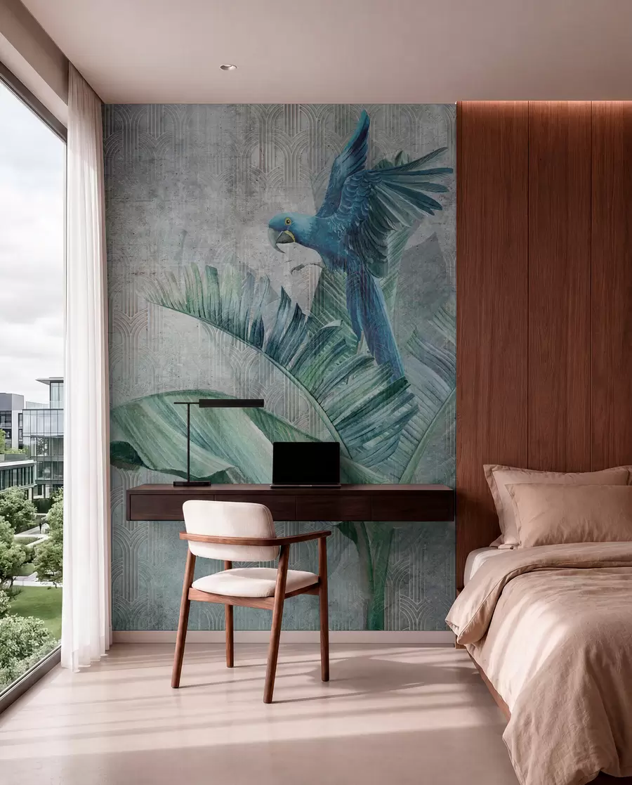 wall murals Биг Блуе Паррот на стаблу банане са бетонском текстуром са грунгеом u95432