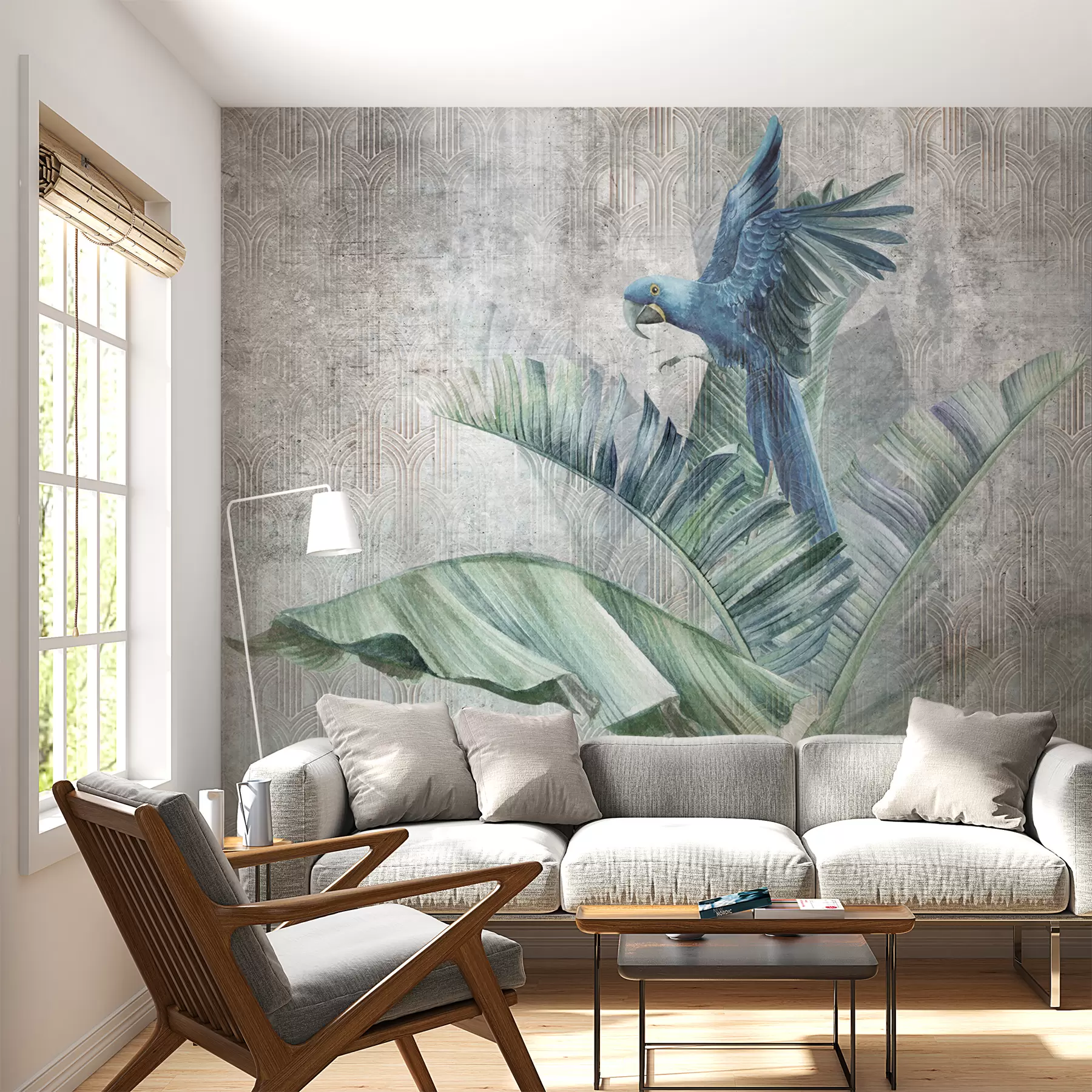 wall murals Биг Блуе Паррот на стаблу банане са бетонском текстуром са грунгеом u95432