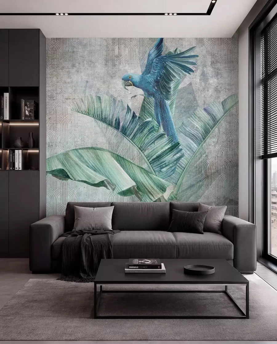 wall murals Биг Блуе Паррот на стаблу банане са бетонском текстуром са грунгеом u95432