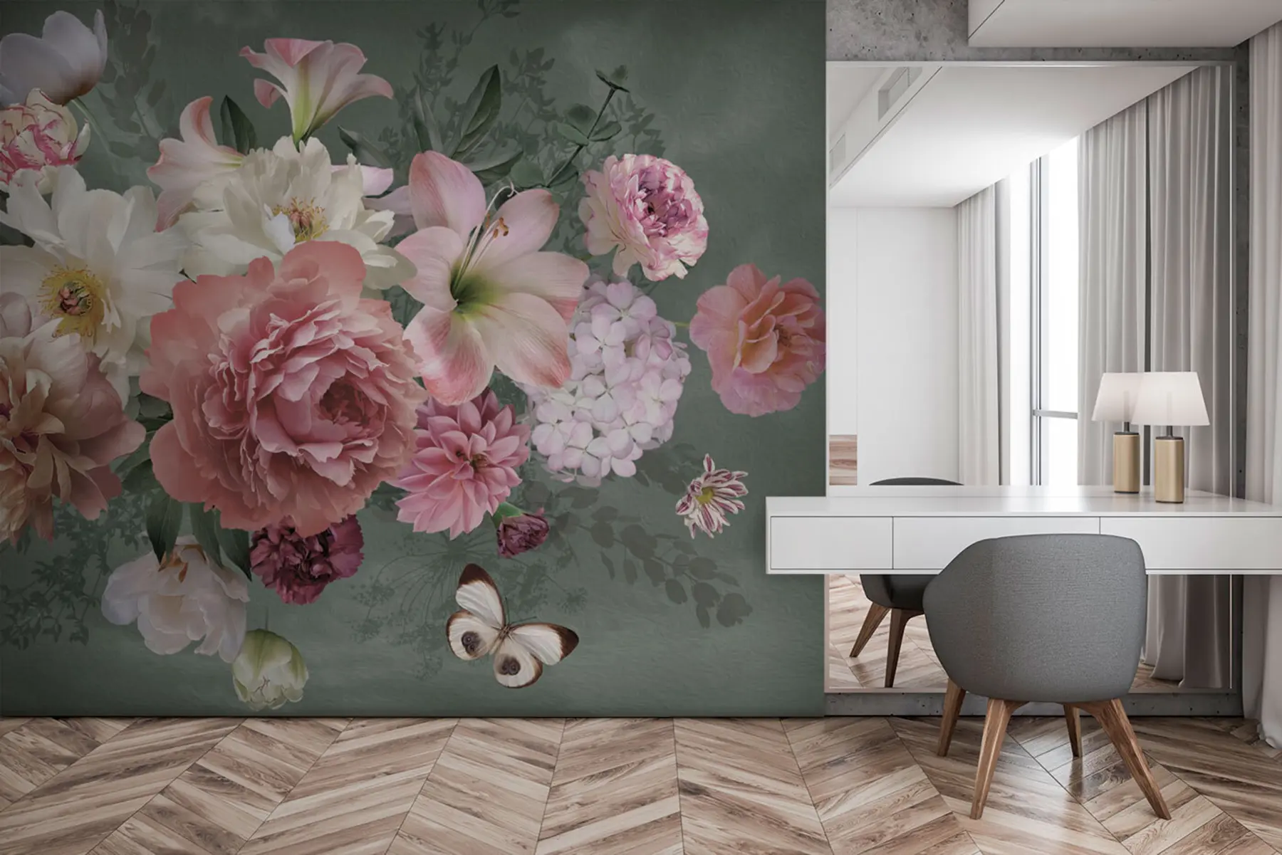 wall murals Цветна башта цвећа са лептиром u95818