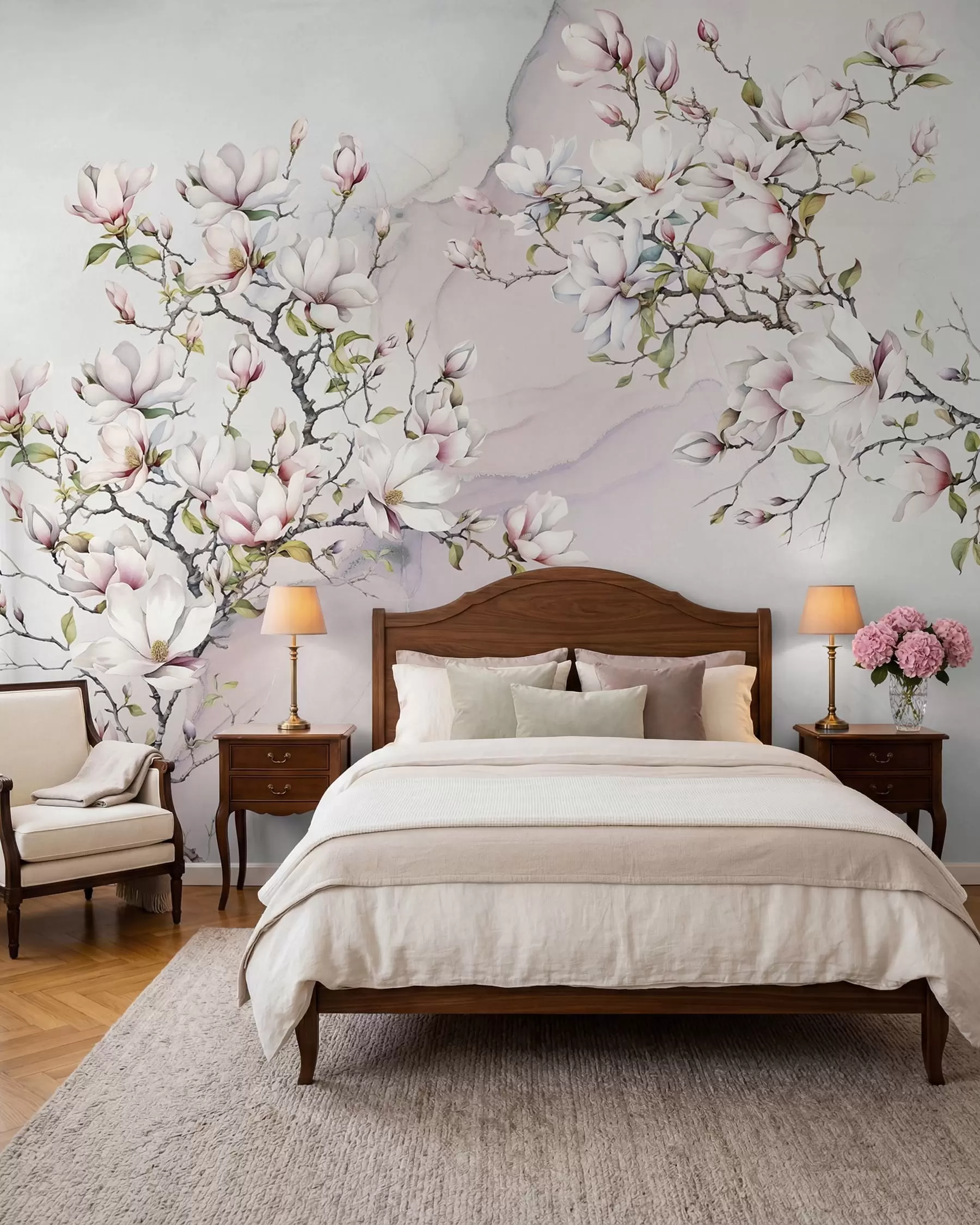 wall murals Цвјетају дрвеће магнолије на мермерној позадини u96114