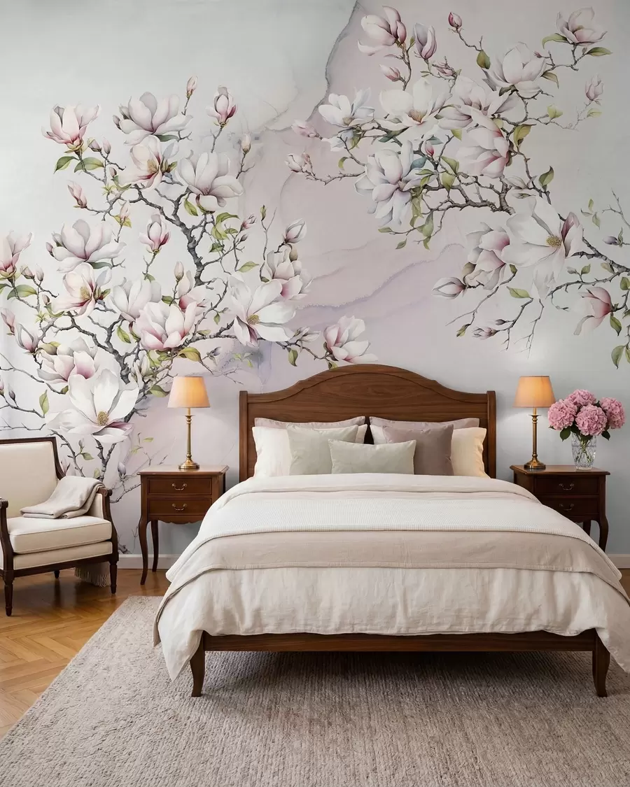 wall murals Цвјетају дрвеће магнолије на мермерној позадини u96114