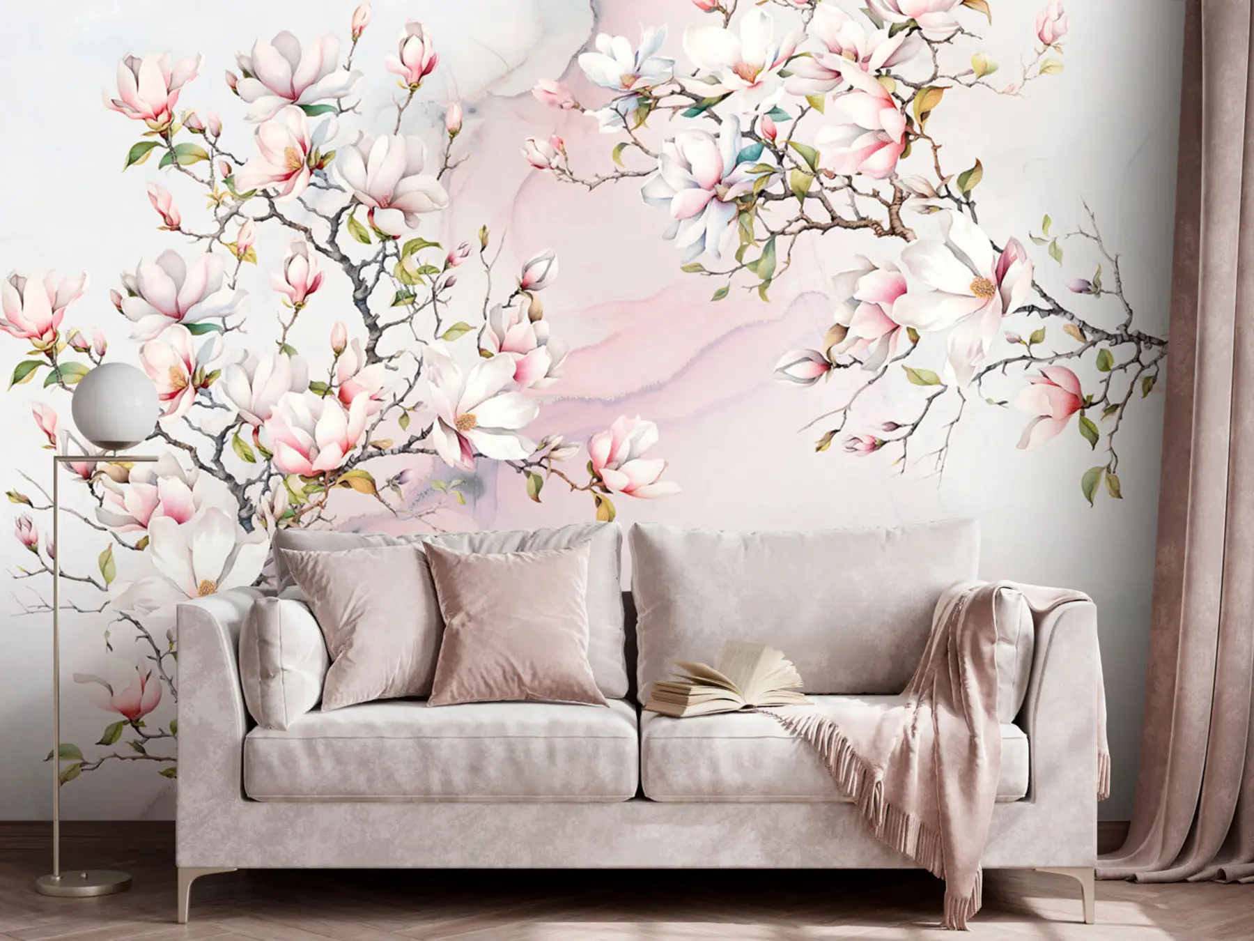 wall murals Цвјетају дрвеће магнолије на мермерној позадини u96114