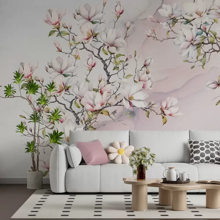 wall murals Цвјетају дрвеће магнолије на мермерној позадини u96114