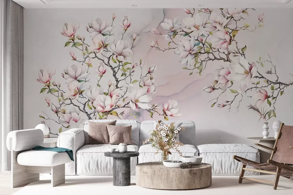 wall murals Цвјетају дрвеће магнолије на мермерној позадини u96114