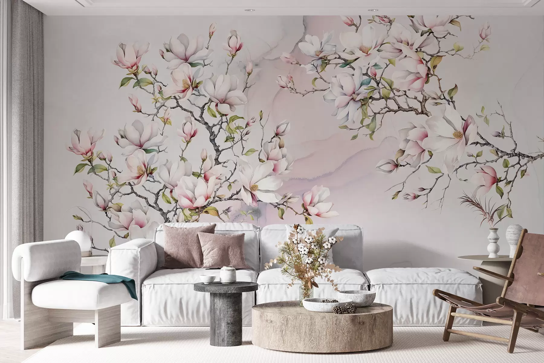 wall murals Цвјетају дрвеће магнолије на мермерној позадини u96114