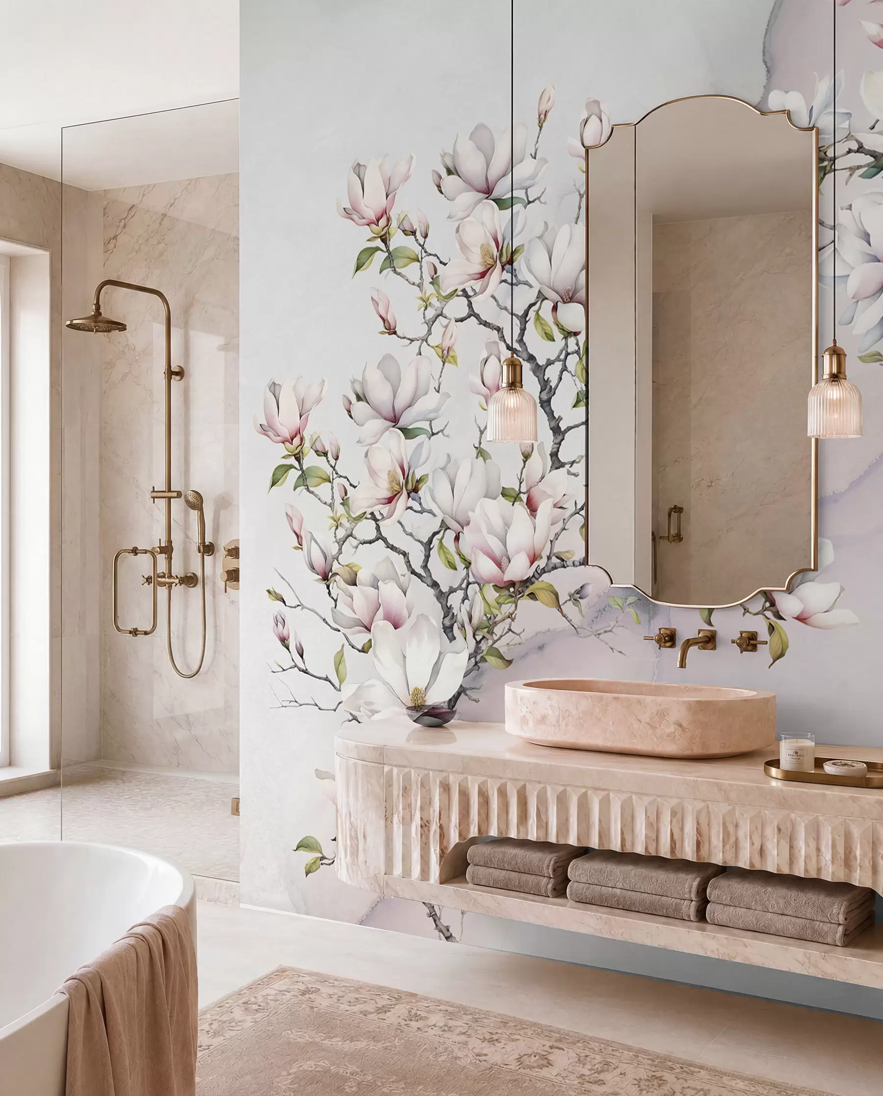 wall murals Цвјетају дрвеће магнолије на мермерној позадини u96114